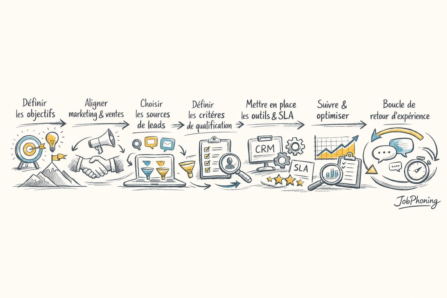 Schéma représentant la construction d’un dispositif de leads via enchaînement de blocs et flèches minimalistes