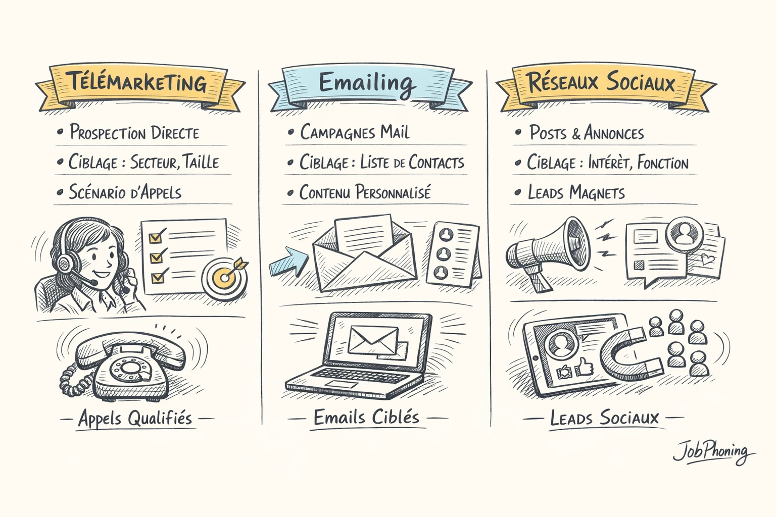 Infographie représentant trois stratégies de leads qualifiés via colonnes colorées et blocs reliés.