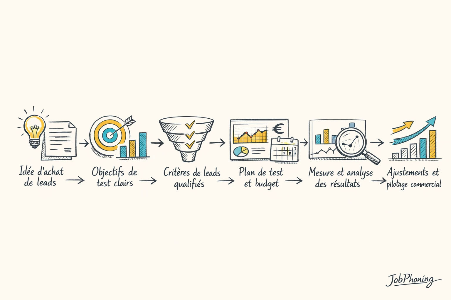 Schéma représentant un plan de test de leads qualifiés via étapes séquencées reliées par des