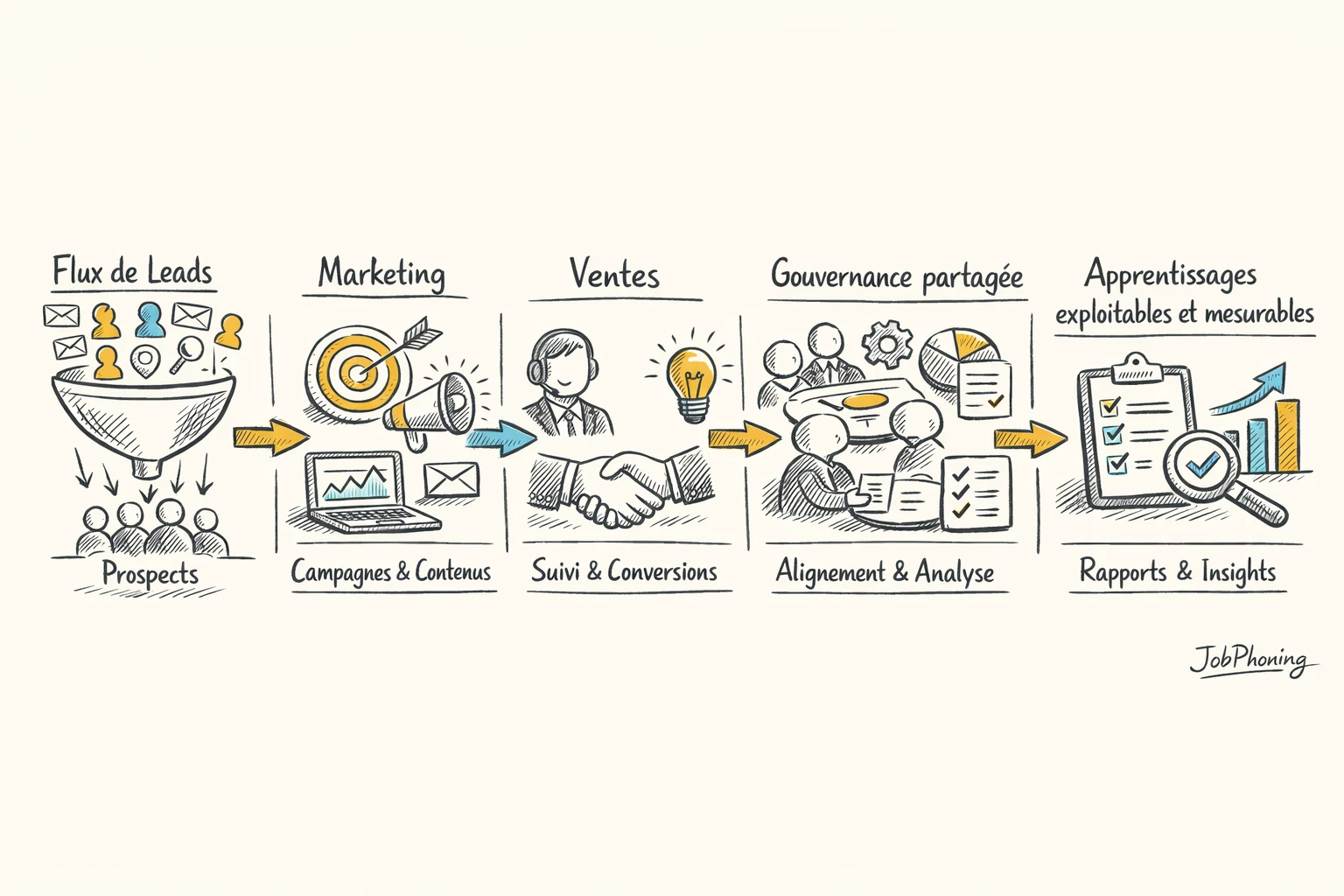 Infographie représentant l’organisation d’un test de leads via pipeline central, blocs marketing et ventes connectés.