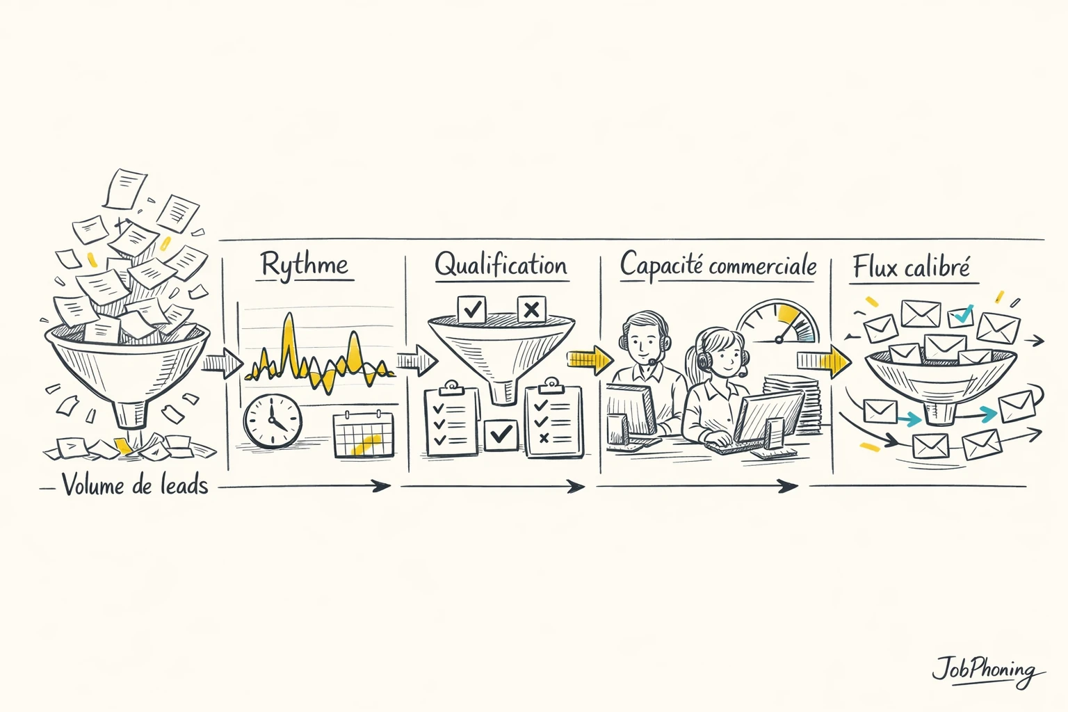 Schéma représentant le calibrage des leads achetés via un flux d’étapes géométriques reliées.