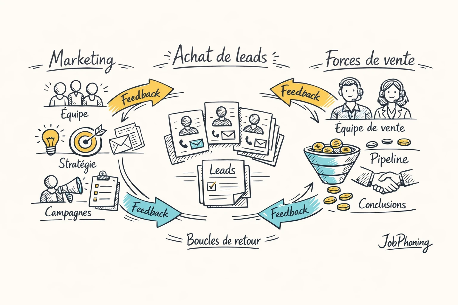 Infographie représentant coordination marketing-ventes via deux pôles reliés à un pipeline central de leads.