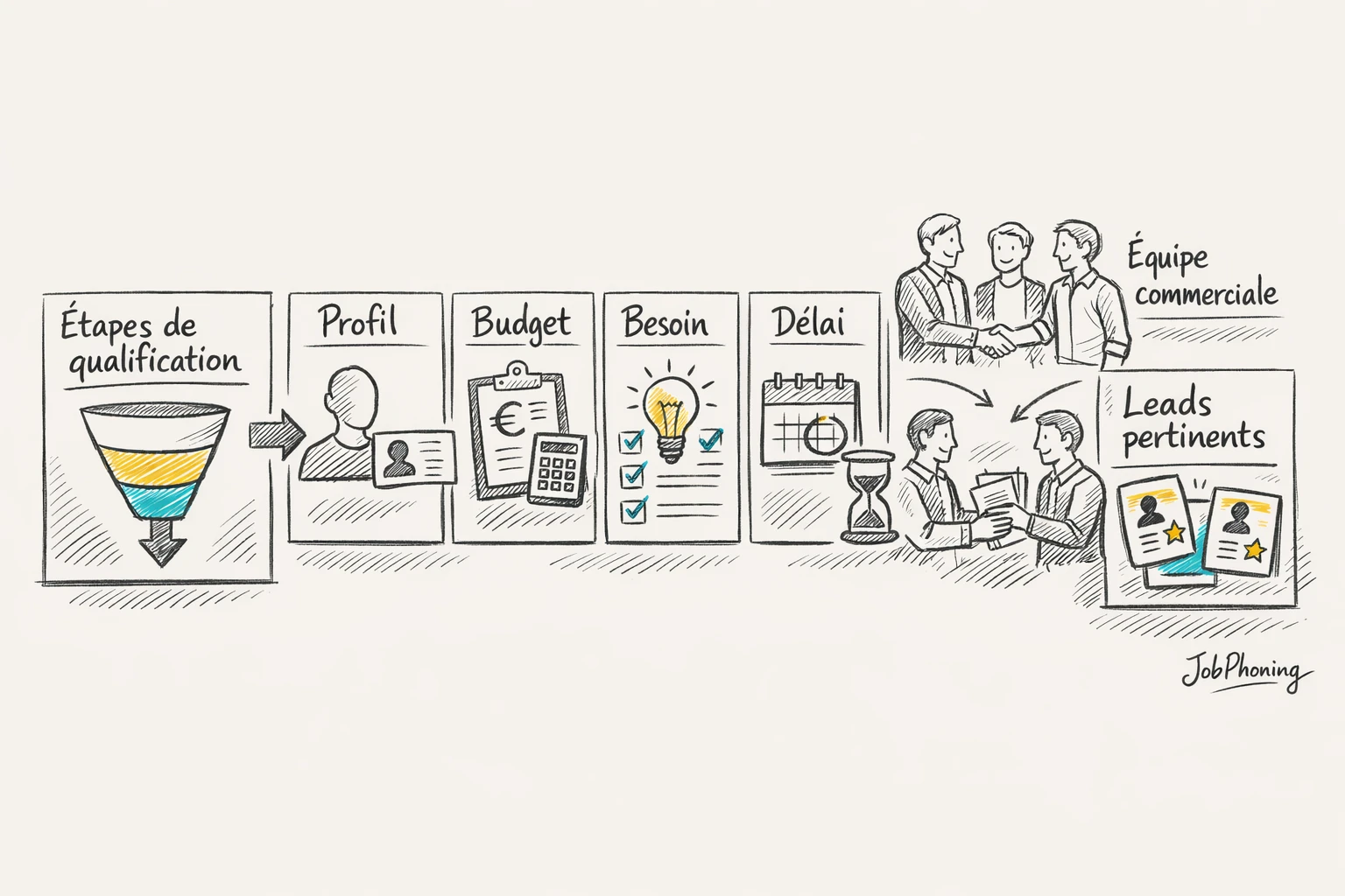 Schéma représentant la qualification de leads B2B via blocs successifs reliés par des flèches structurées.