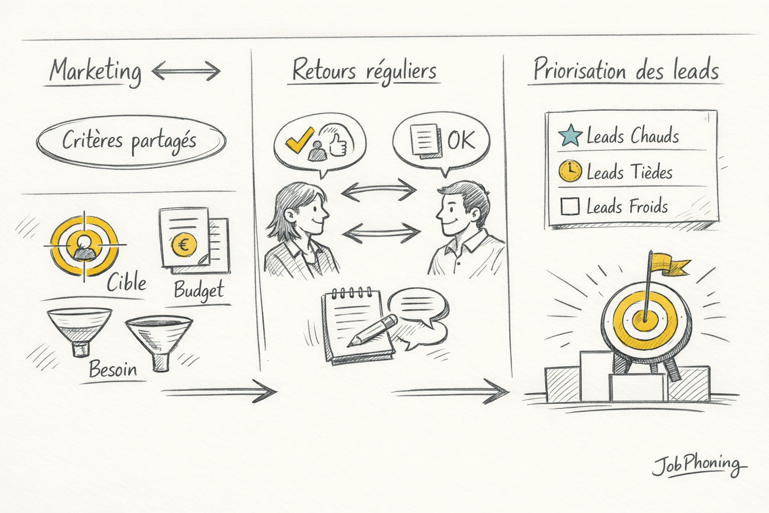 Schéma représentant la coordination marketing-vente via deux colonnes reliées à un entonnoir central abstrait