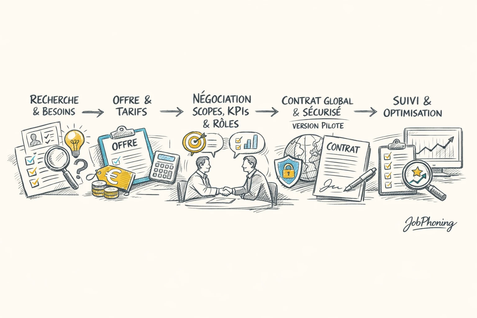 Schéma représentant la préparation d’une négociation de leads via blocs successifs reliés par des flèches.