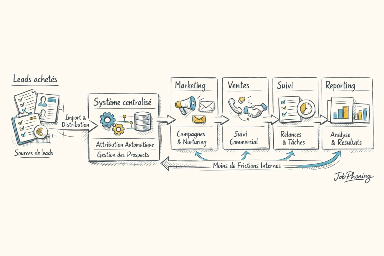 Schéma représentant l’intégration de leads achetés via un noyau central connecté à plusieurs blocs géométriques.