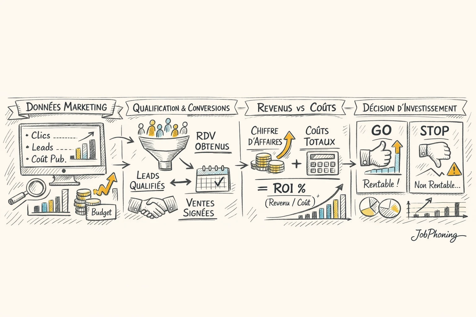 Schéma représentant le calcul du ROI des leads payants via blocs séquentiels connectés et flèches