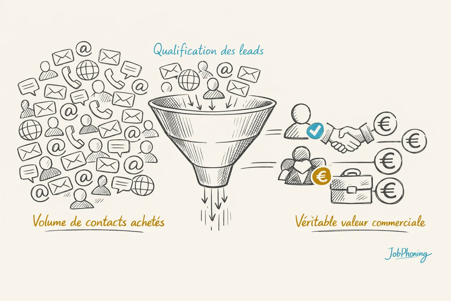 Infographie représentant la différence entre fichiers de leads achetés et qualification réelle via entonnoir et
