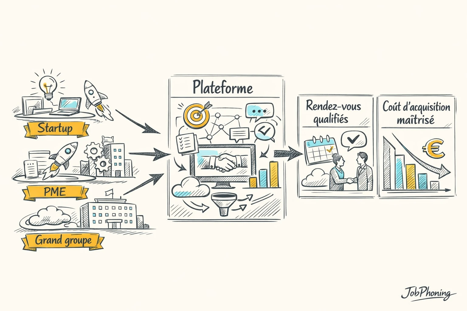 Infographie représentant trois types de campagnes de rendez-vous qualifiés B2B via colonnes et blocs géométriques