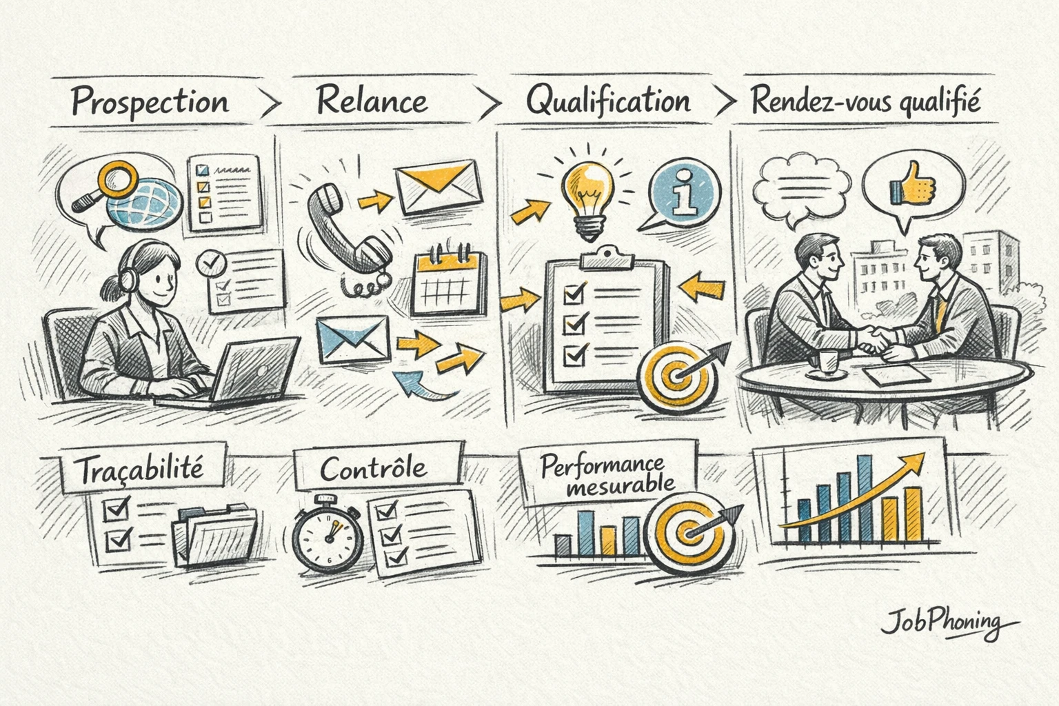 Schéma représentant un parcours de prospection jusqu’au rendez-vous qualifié via blocs alignés et flèches successives.