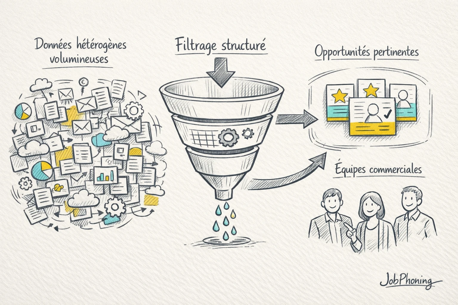 Infographie représentant la qualification complexe en B2B via entonnoir filtrant des blocs de données dispersés.