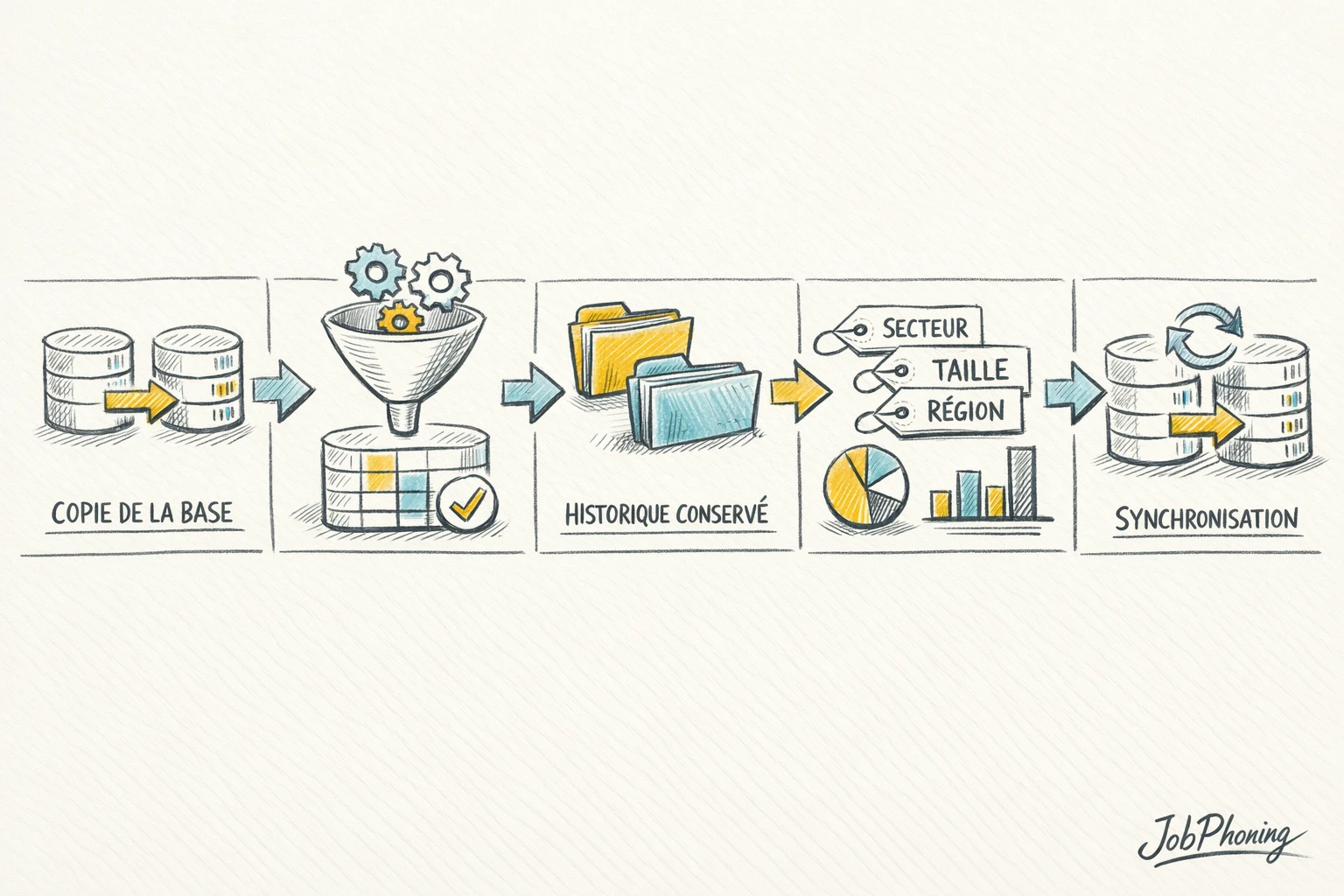 Schéma représentant la mise à jour sécurisée d’une base B2B via étapes séquencées et blocs