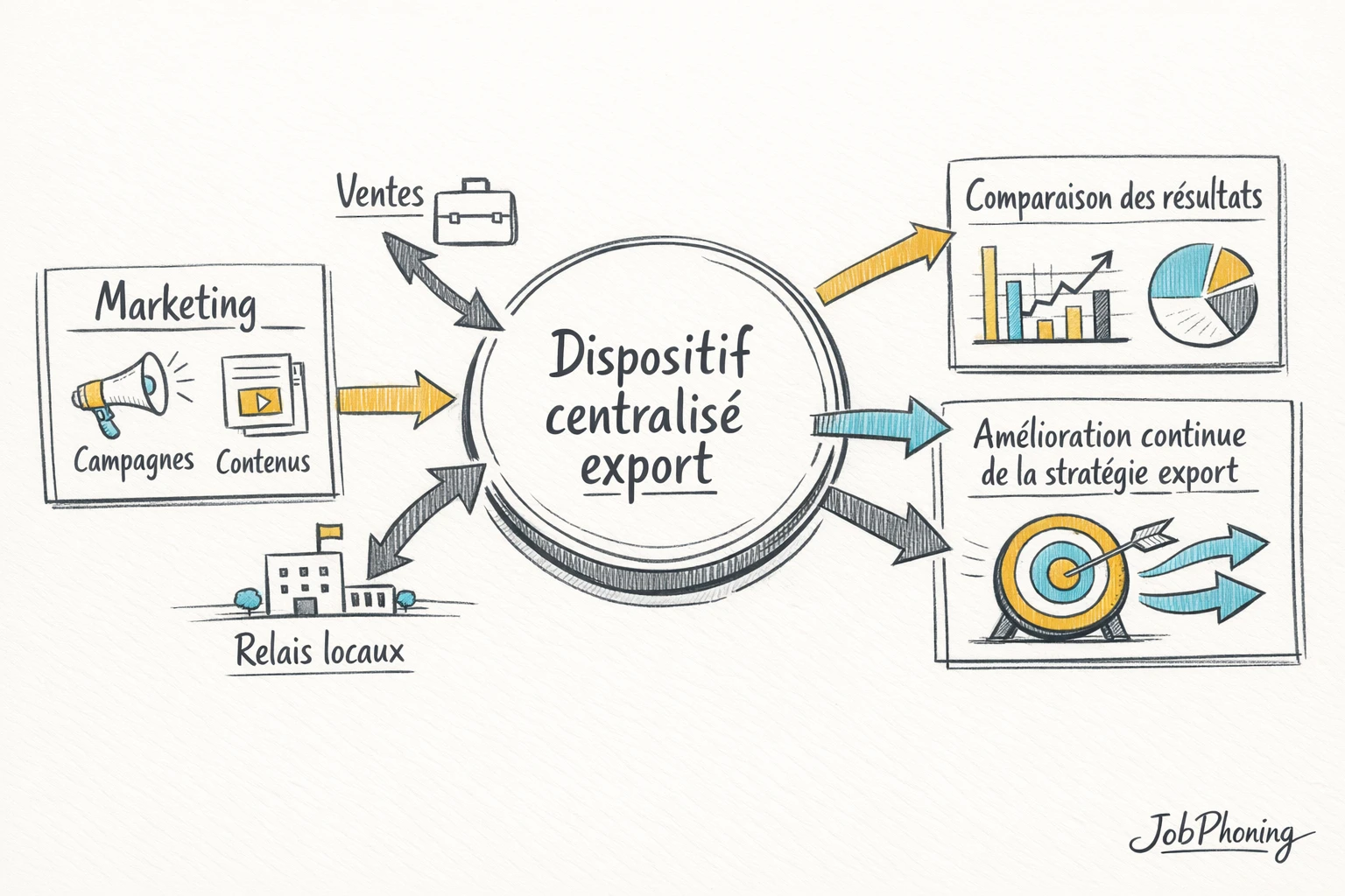 Infographie représentant la coordination du démarchage international via un noyau central relié à plusieurs blocs