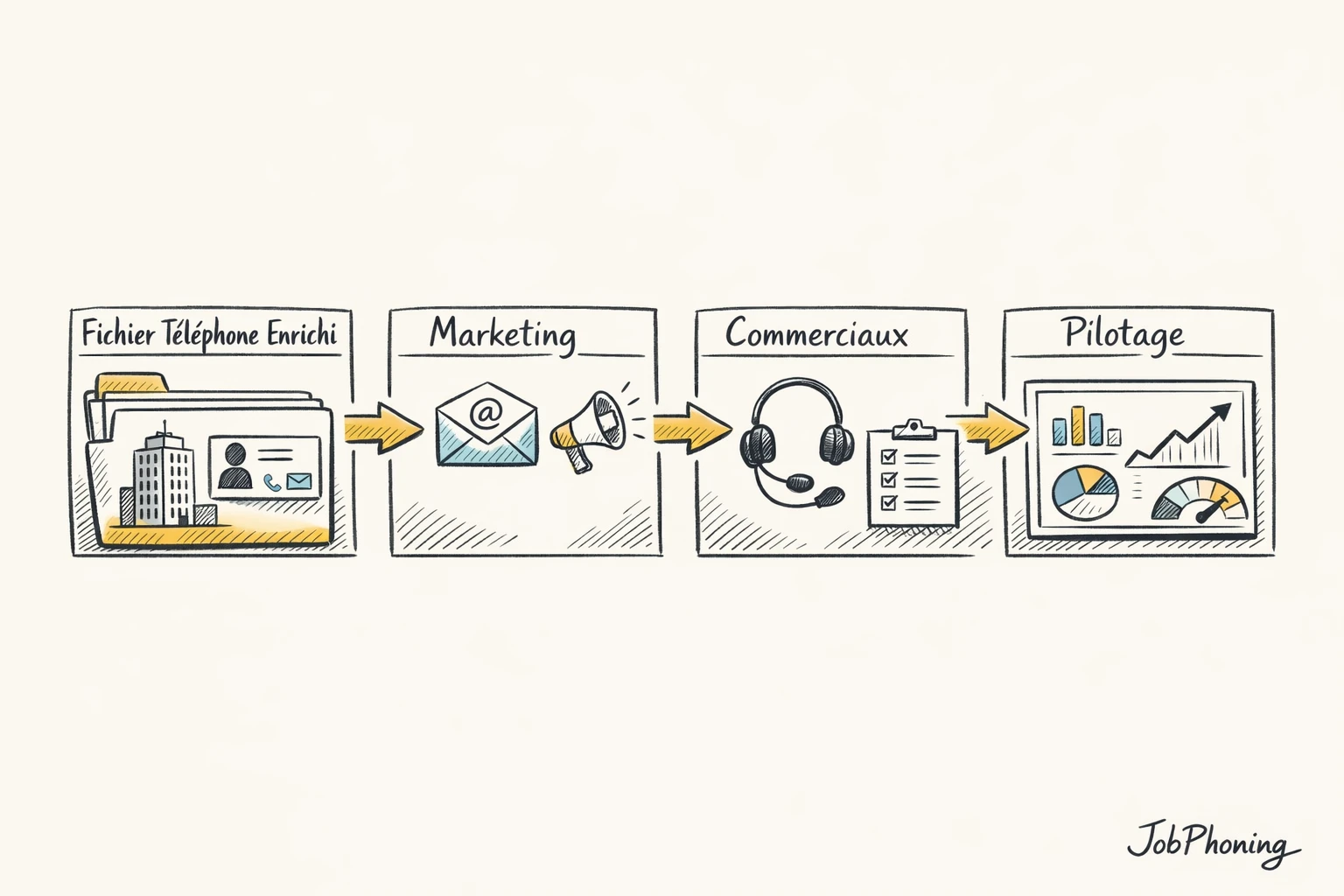 Schéma représentant la coordination fichier téléphone B2B via un noyau central relié à plusieurs blocs