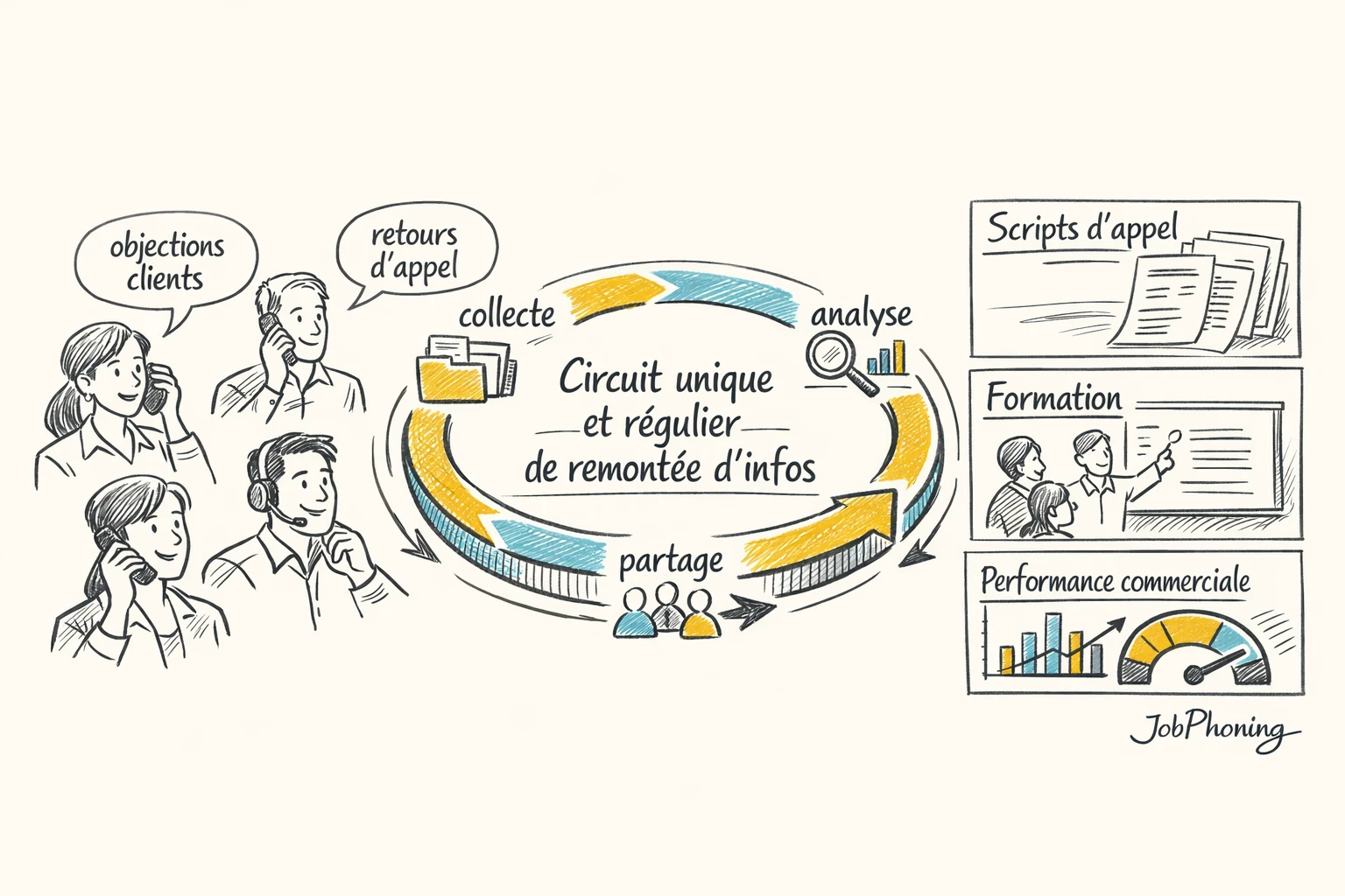 Schéma représentant un circuit structuré de remontée d’objections via un anneau central et plusieurs blocs