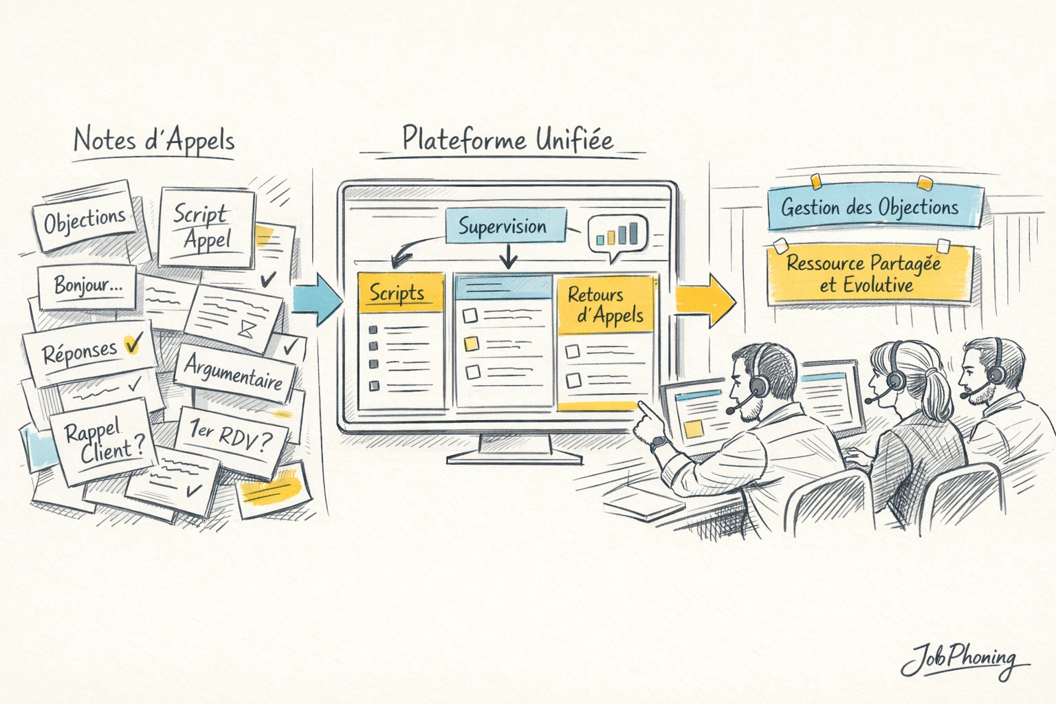 Schéma représentant la gestion collective des objections via plateforme centrale, blocs reliés et flèches circulaires.