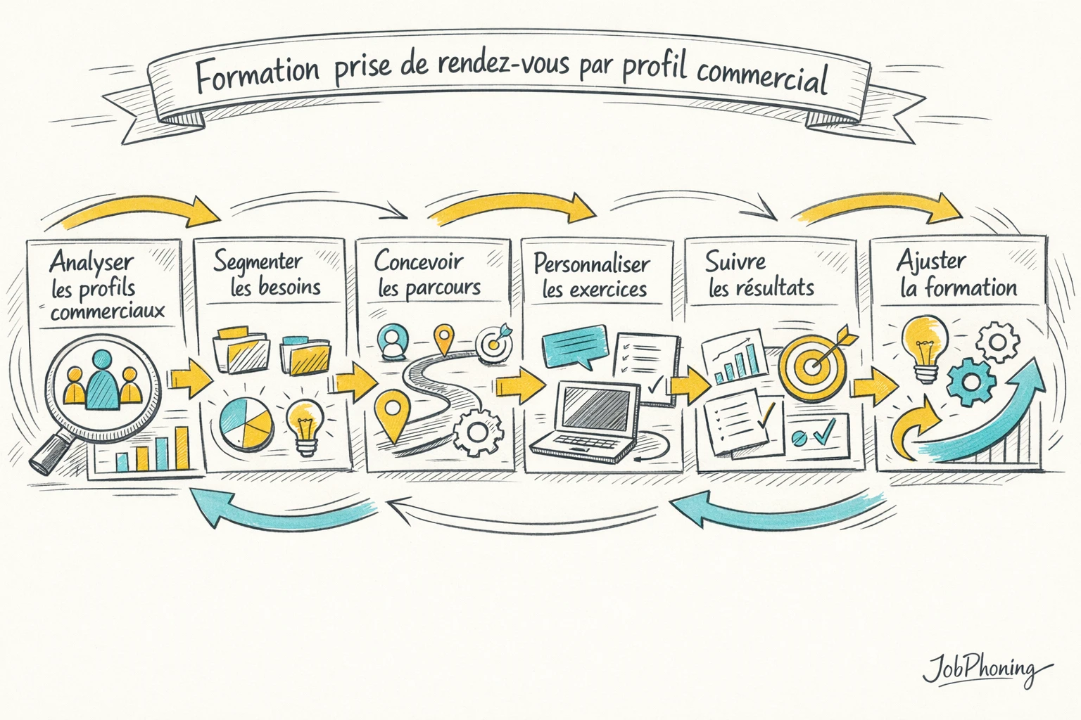 Schéma représentant un parcours de formation commerciale via blocs reliés illustrant un processus d’amélioration continue.