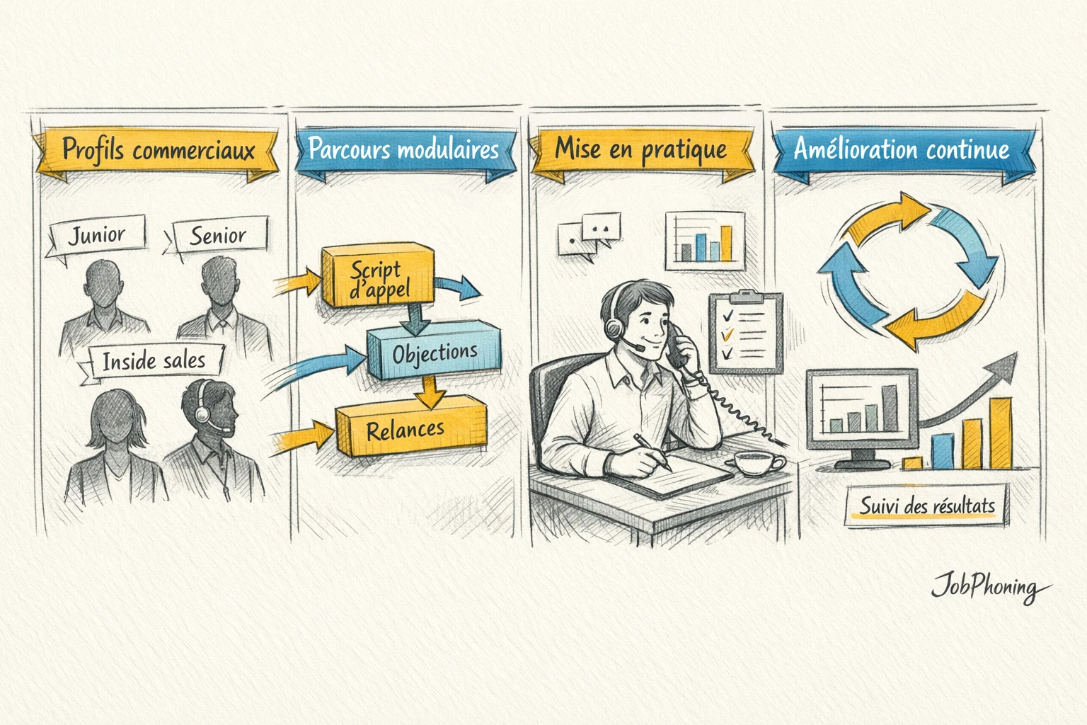 Schéma représentant un dispositif de formation commercial via un noyau central, segments de profils et