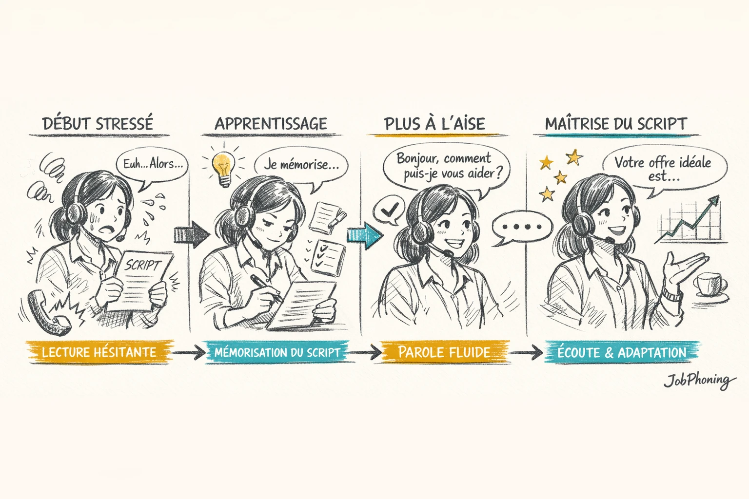 Schéma représentant un parcours d’apprentissage du script via flèches, blocs successifs et icônes abstraites de