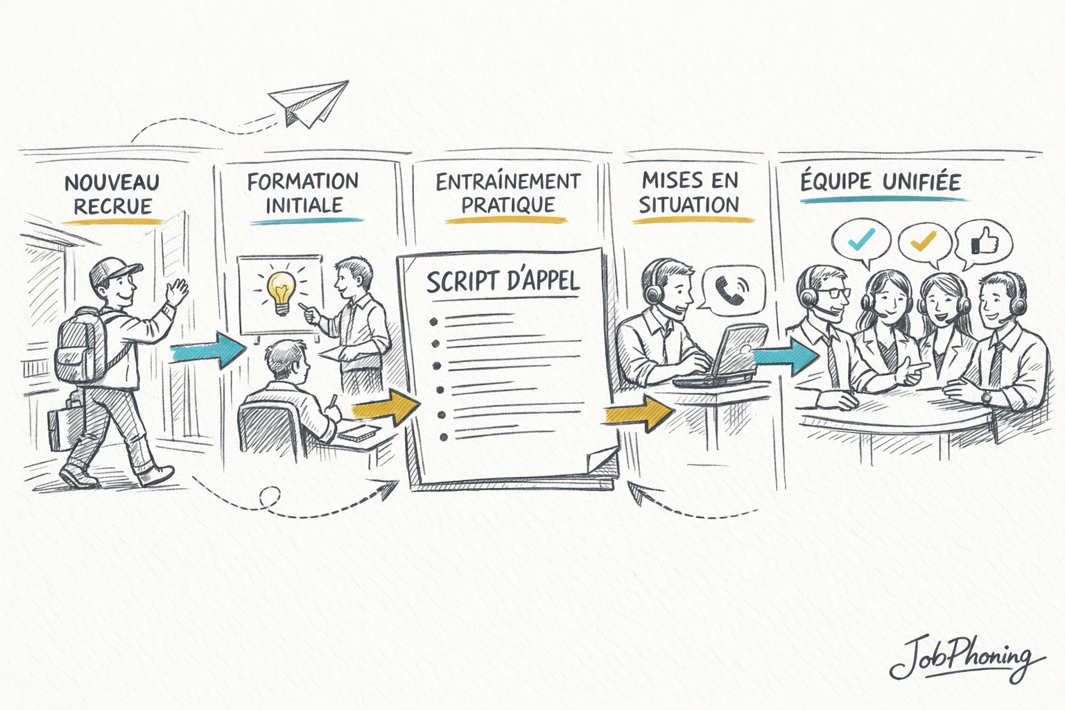 Infographie représentant la formation au script via un pilier central relié à plusieurs étapes d’onboarding