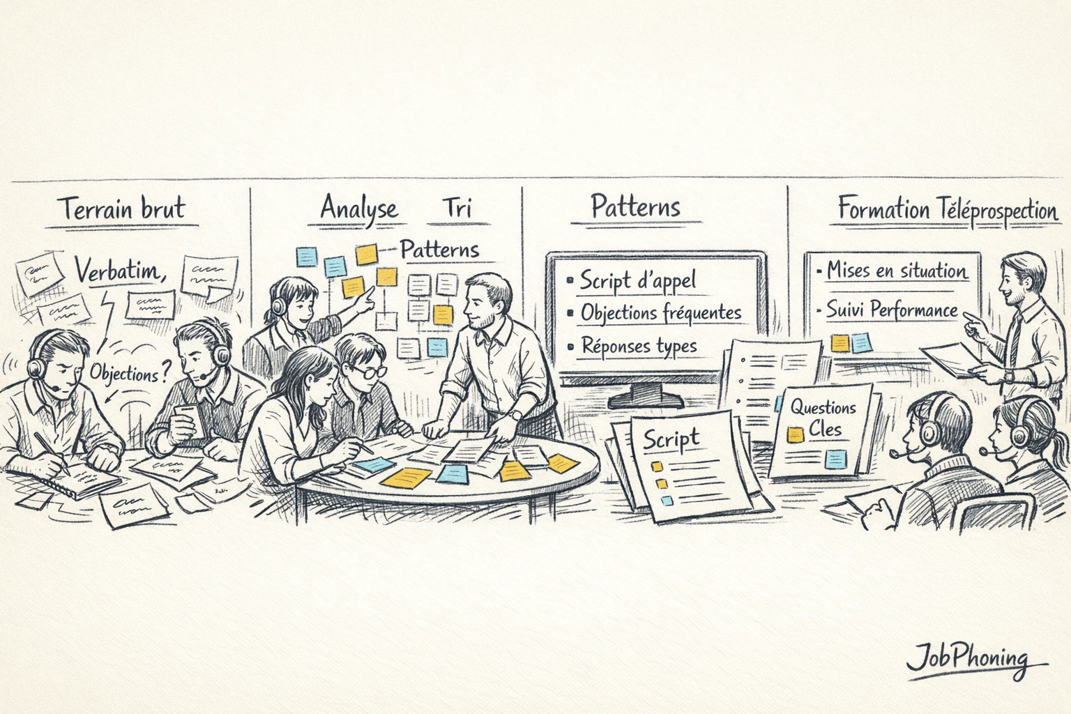Schéma représentant l’alignement d’un programme de téléprospection via un enchaînement de blocs reliés par des