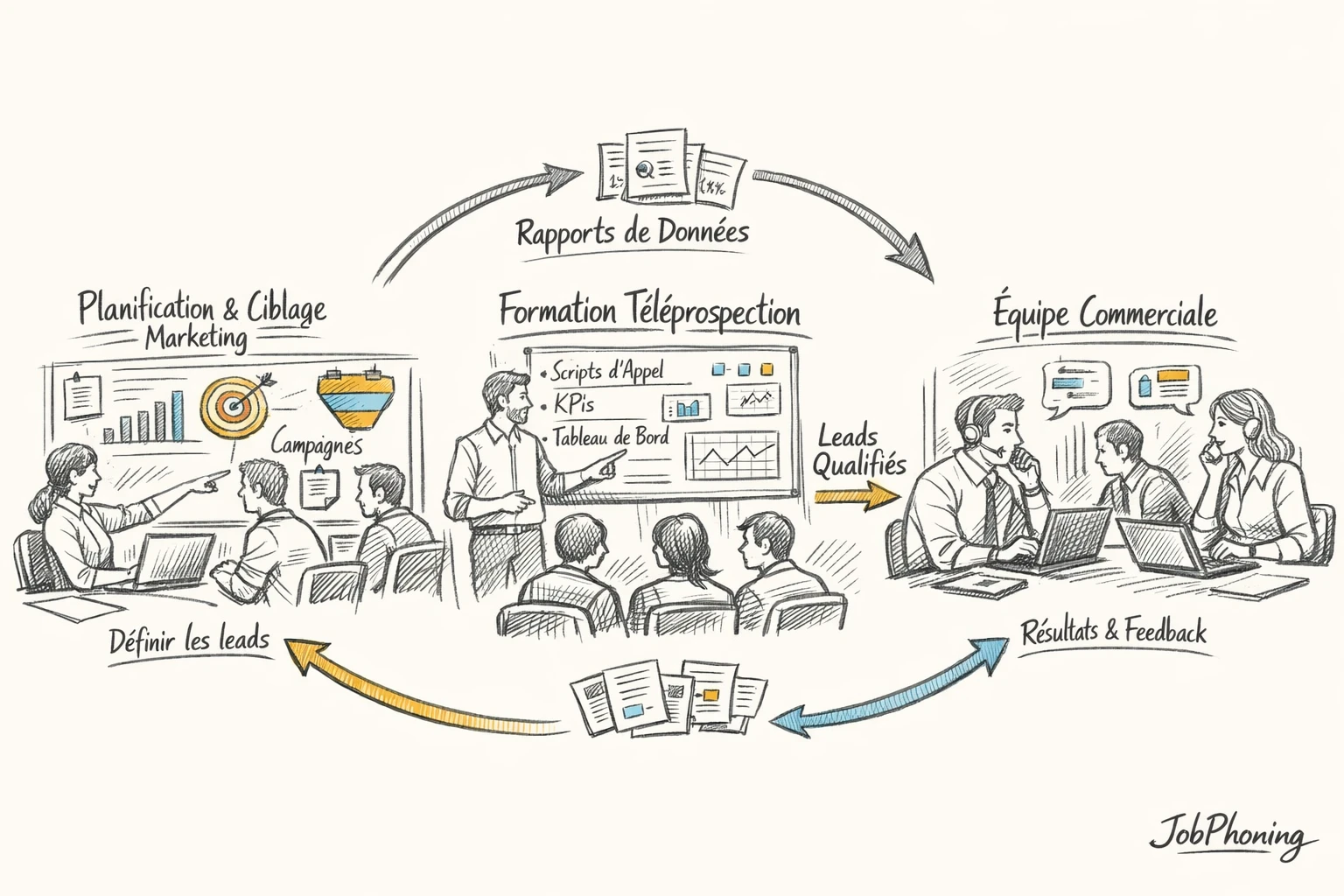 Schéma représentant l’alignement marketing, ventes et téléprospection via cercles connectés et flux circulaires.