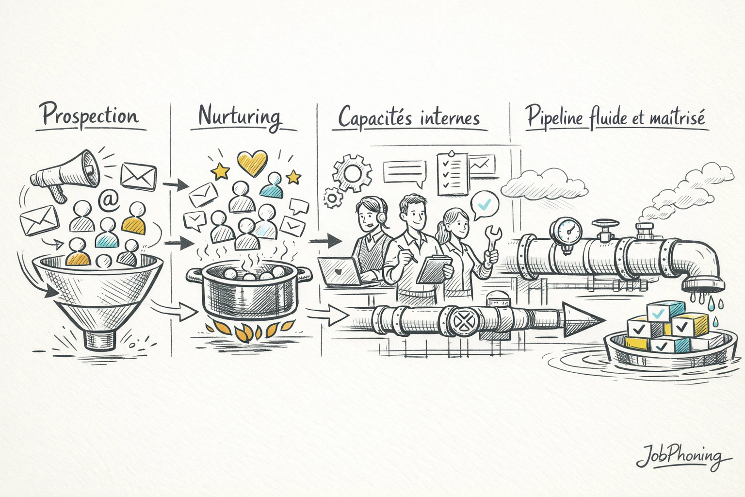 Schéma représentant l’alignement prospection et nurturing via un flux séquentiel de blocs connectés.