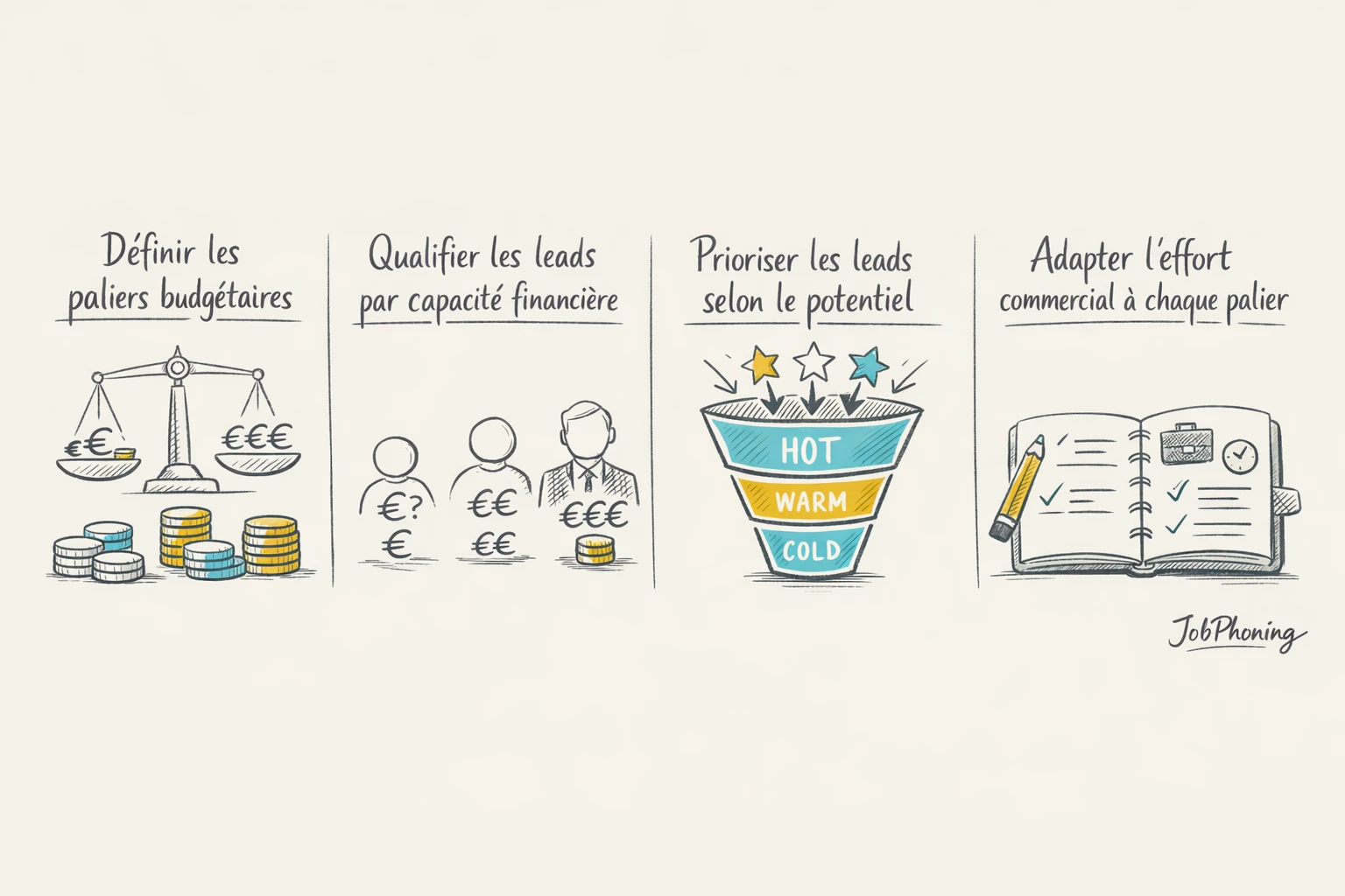 Schéma représentant une prospection d’agence web via étapes séquencées et blocs budgétaires connectés.
