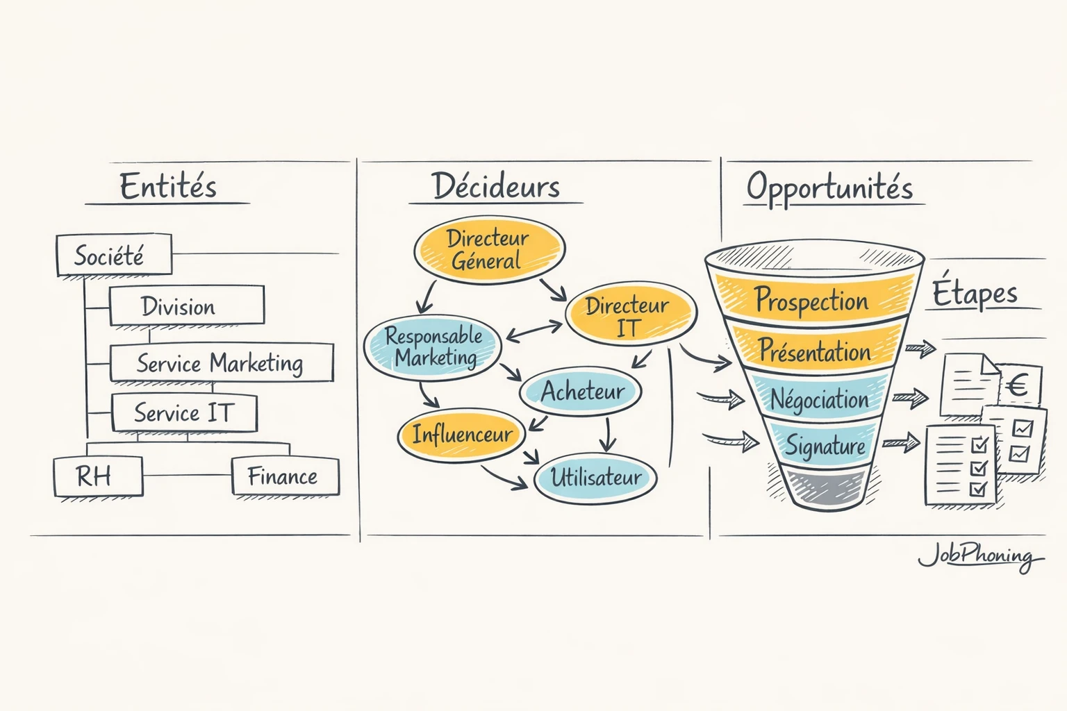 Schéma représentant la structuration d’un grand compte via flux d’entités, contacts et opportunités reliées.