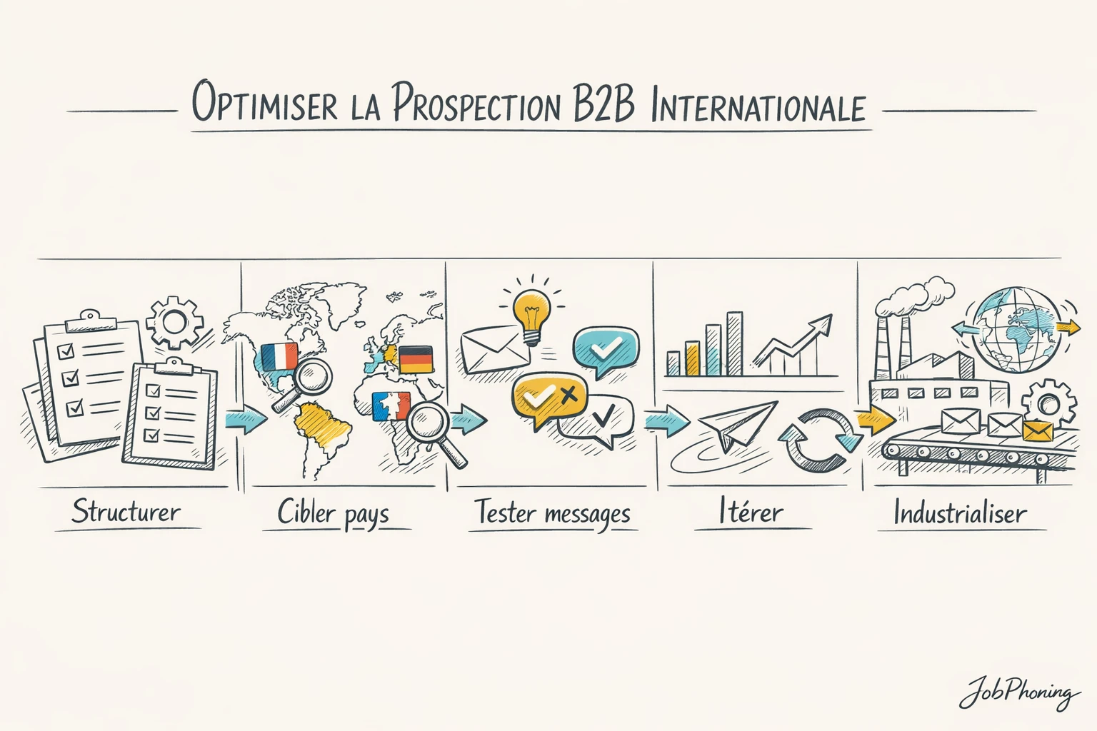 Schéma représentant le déploiement d’une prospection internationale via enchaînement de blocs reliés par des flèches.