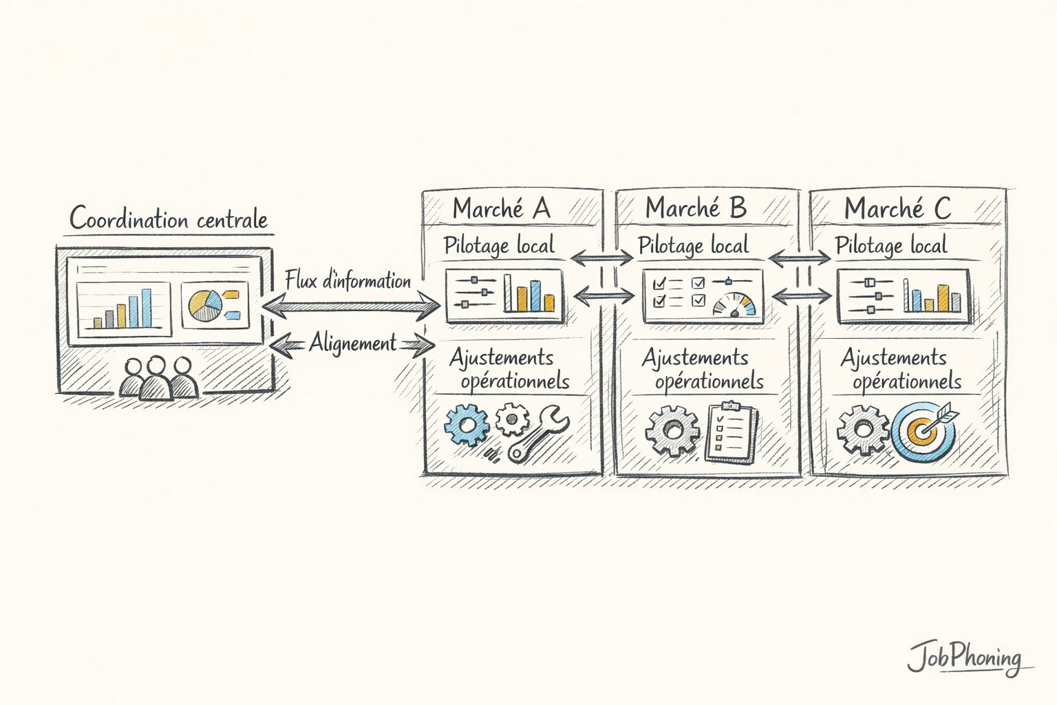 Schéma représentant une prospection internationale structurée via un hub central et plusieurs blocs pays connectés.