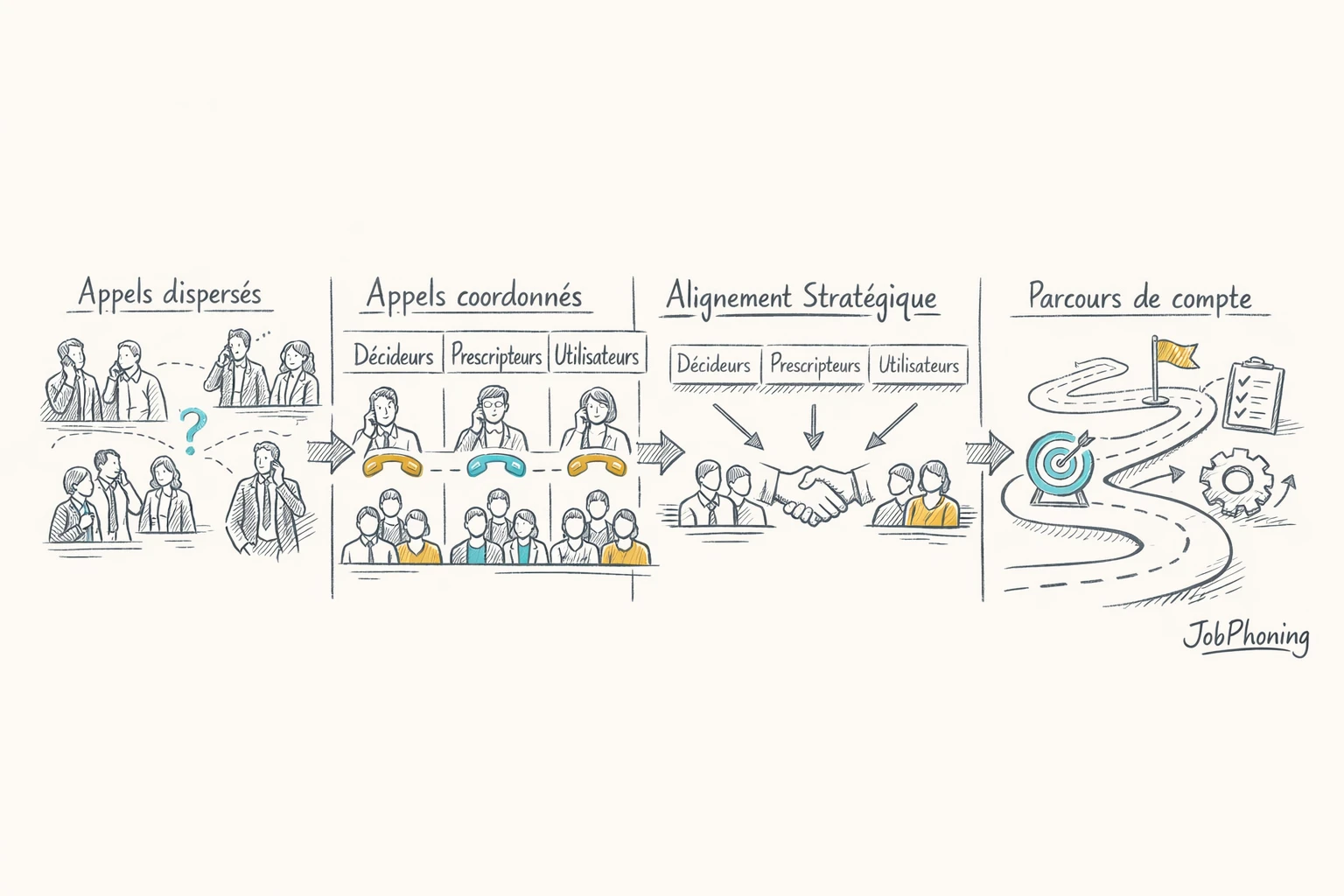 Schéma représentant la préparation d’appels multi-interlocuteurs via blocs reliés en flux séquentiel.