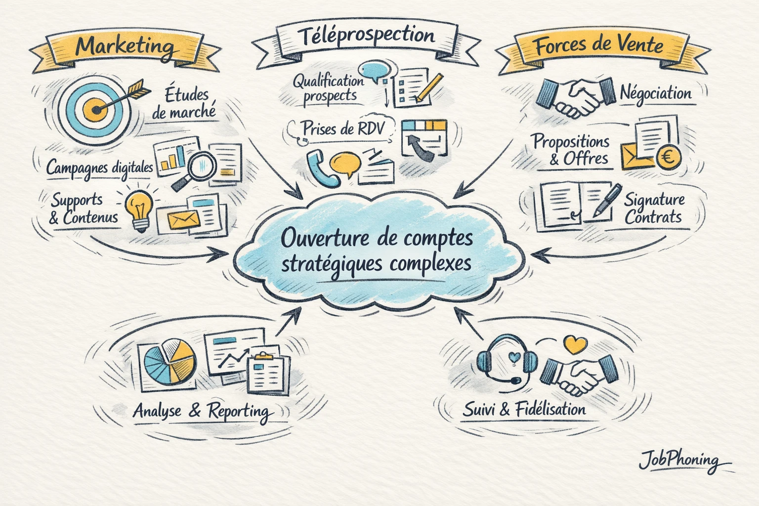 Infographie représentant la coordination marketing-ventes via un hub central connecté à plusieurs modules géométriques.