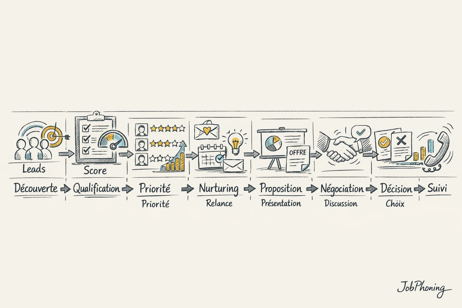 Schéma représentant la qualification progressive des prospects via étapes successives, flèches, blocs reliés et niveaux