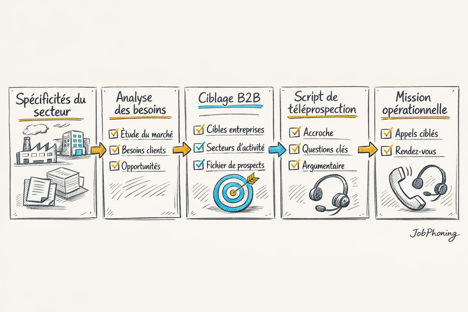 Schéma représentant la conception d’une mission de téléprospection sectorielle via blocs reliés et flèches séquentielles