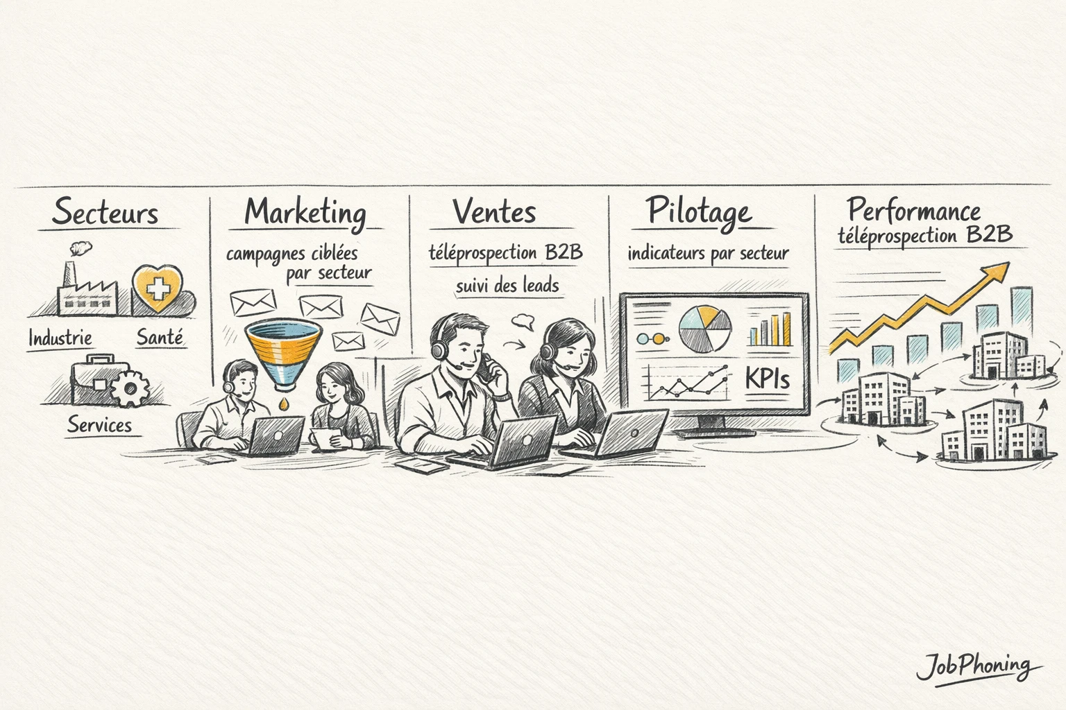 Infographie représentant l’organisation par secteurs via un noyau central connecté à plusieurs blocs segmentés.