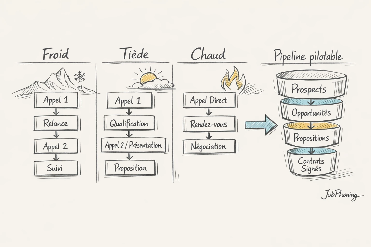 Schéma représentant des séquences d’appels par maturité via blocs reliés et flèches