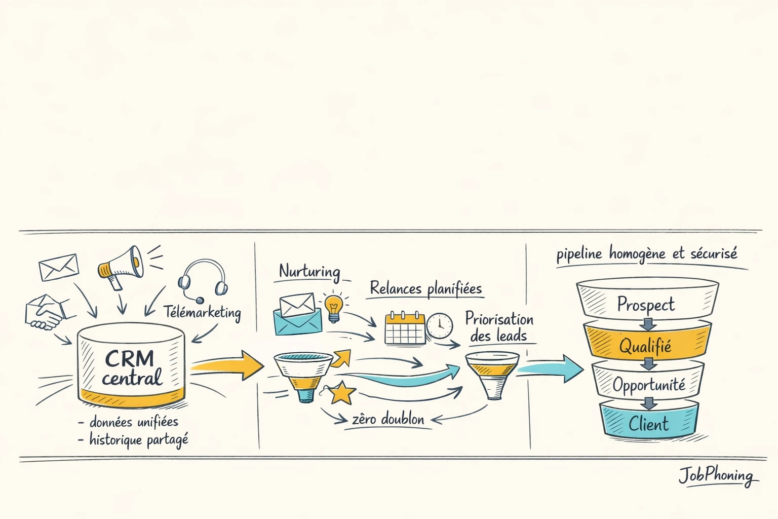 Schéma représentant coordination marketing, télémarketing et ventes via flux géométriques reliés