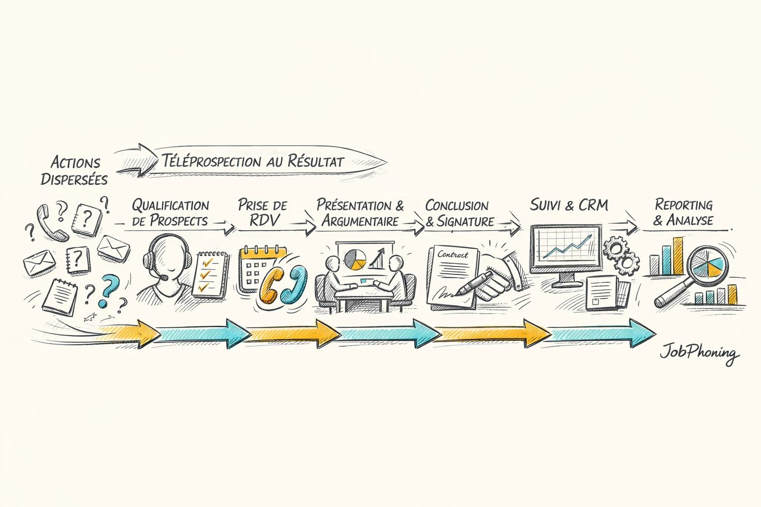 Schéma représentant l’alignement ventes-marketing via un enchaînement de blocs reliés illustrant un processus structuré.