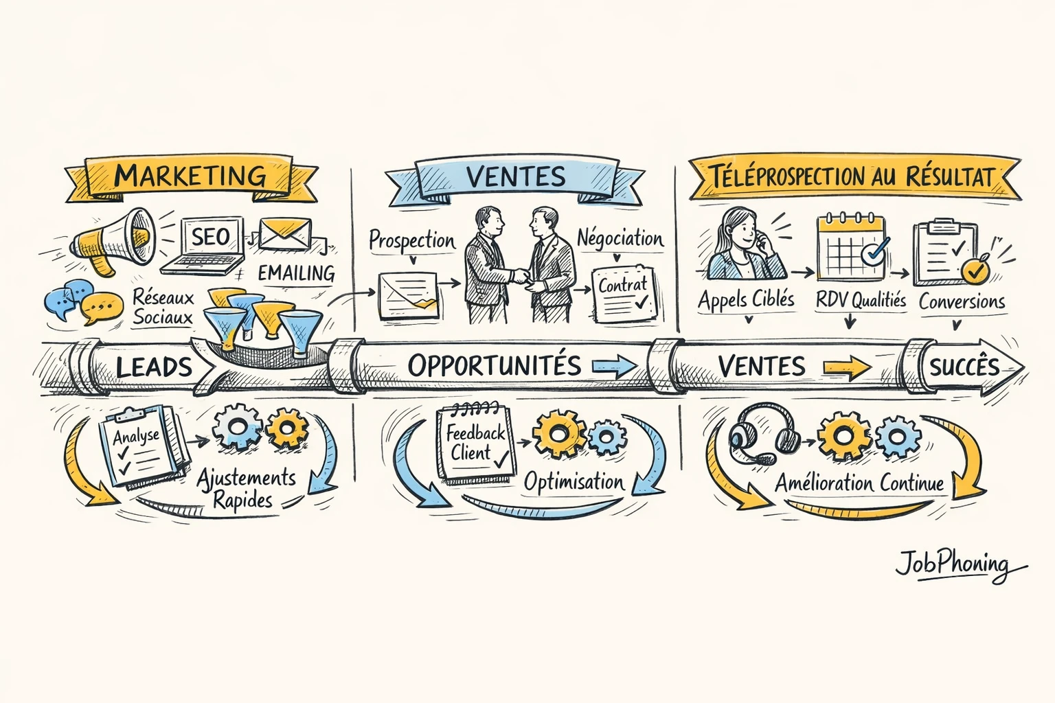 Schéma représentant l’alignement pipeline marketing-vente via pipeline central, blocs connectés et boucle de rétroaction circulaire.