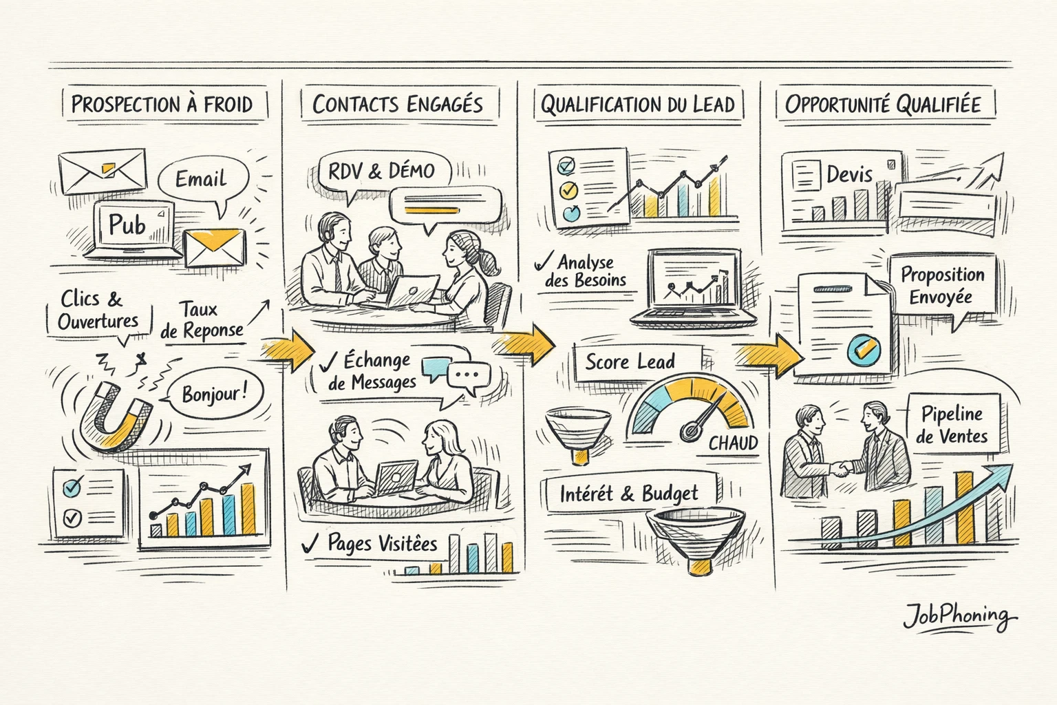 Schéma représentant alignement parcours client B2B via flèches, étapes connectées