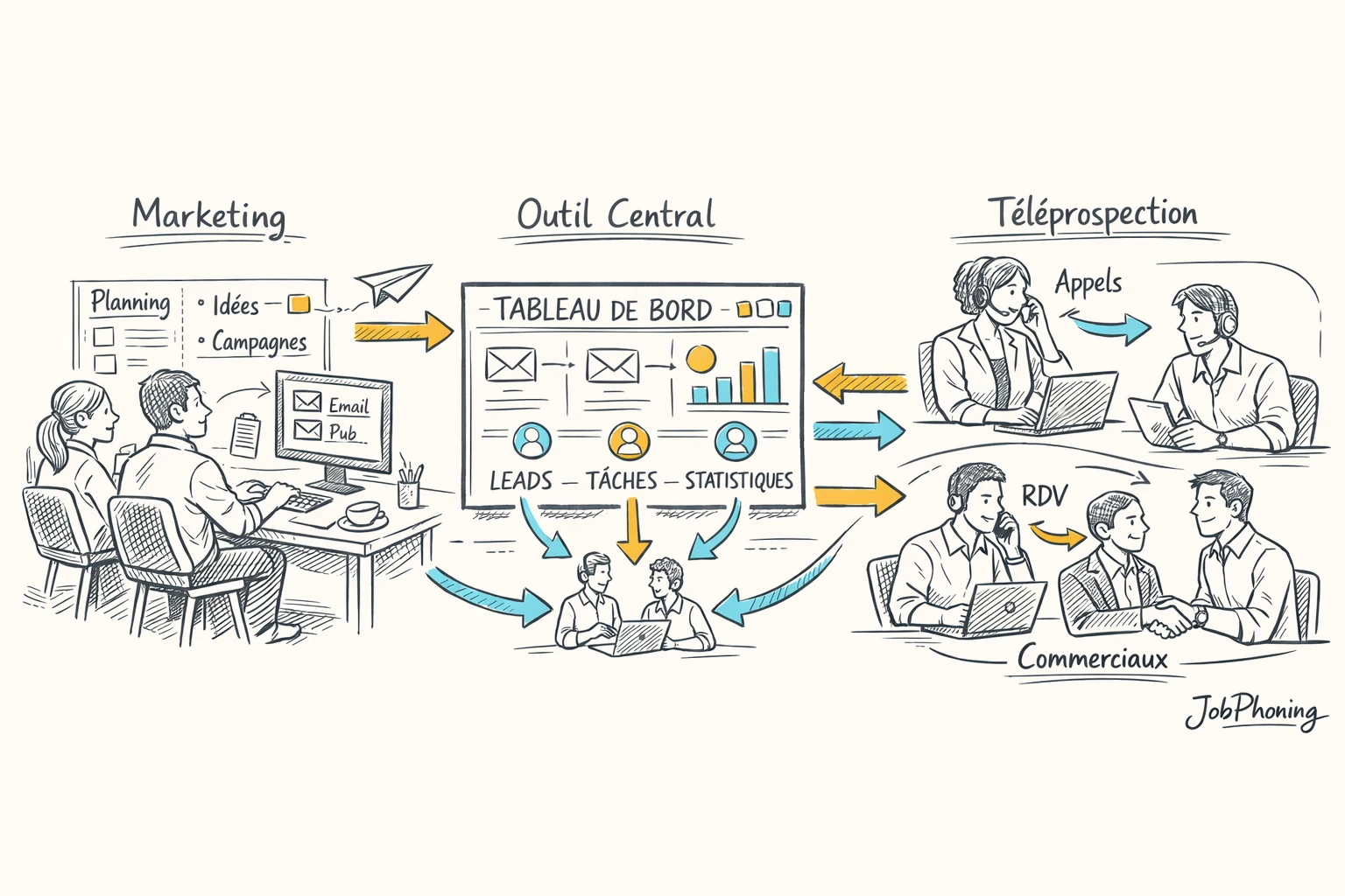 Schéma représentant la coordination marketing-ventes via un hub central et trois blocs interconnectés