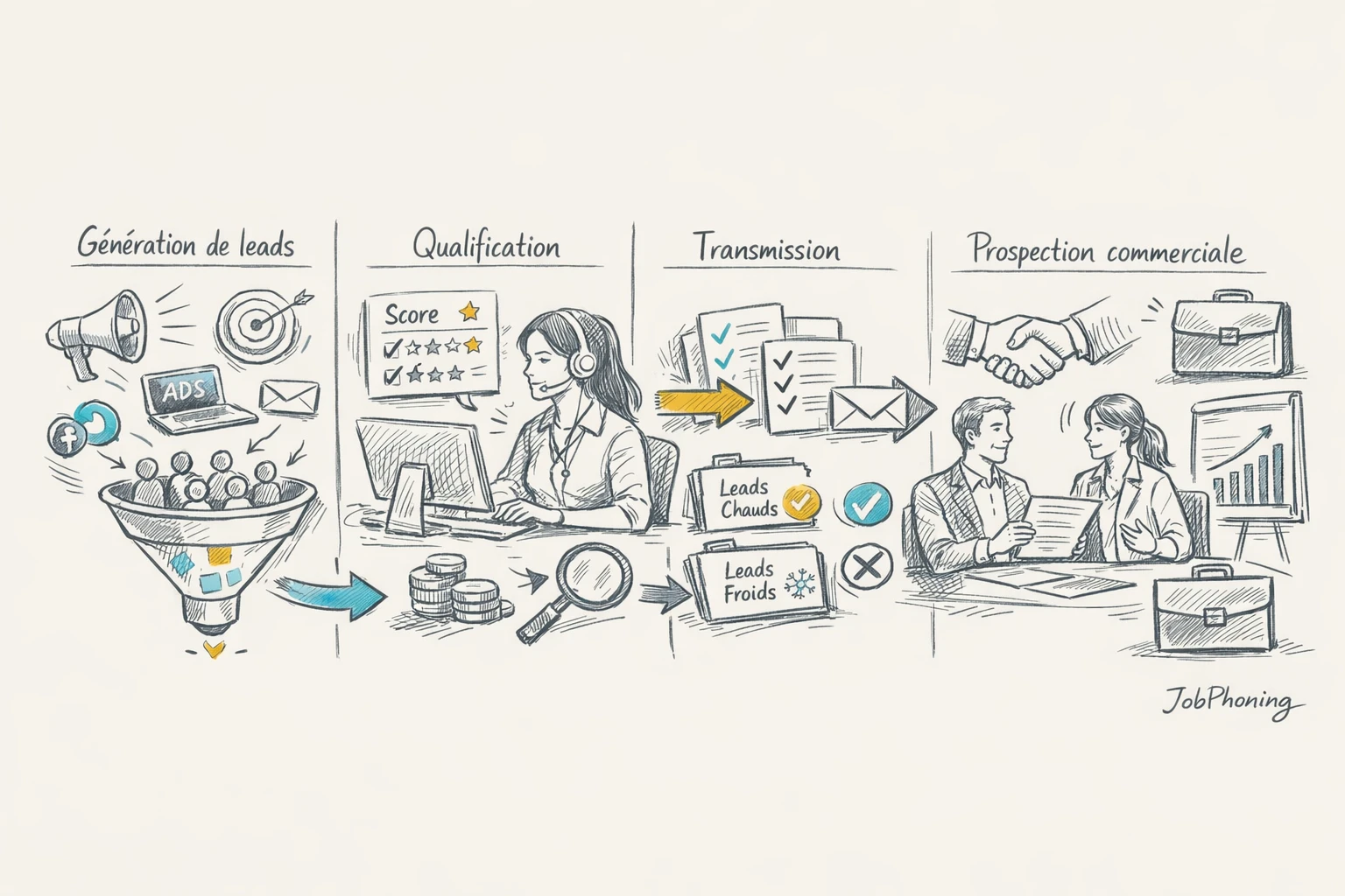 Schéma représentant le parcours des leads via une suite d’étapes reliées et boucles de retour