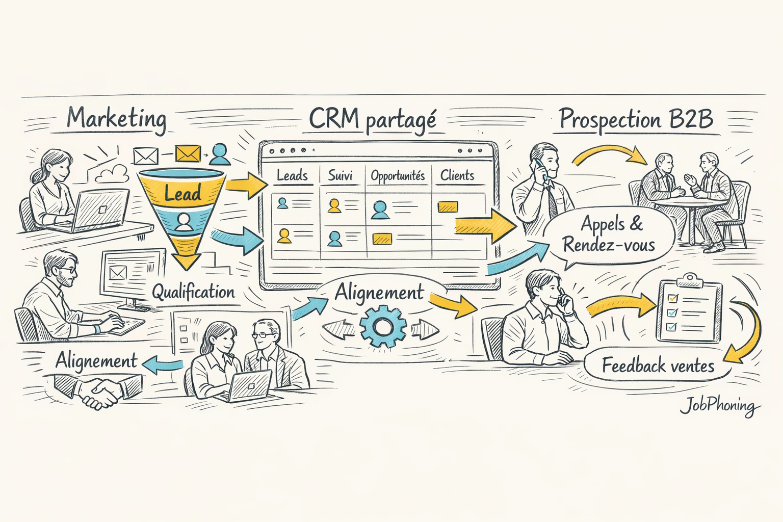 Schéma représentant l’alignement marketing–commercial via un hub central, deux pôles symétriques et une boucle de