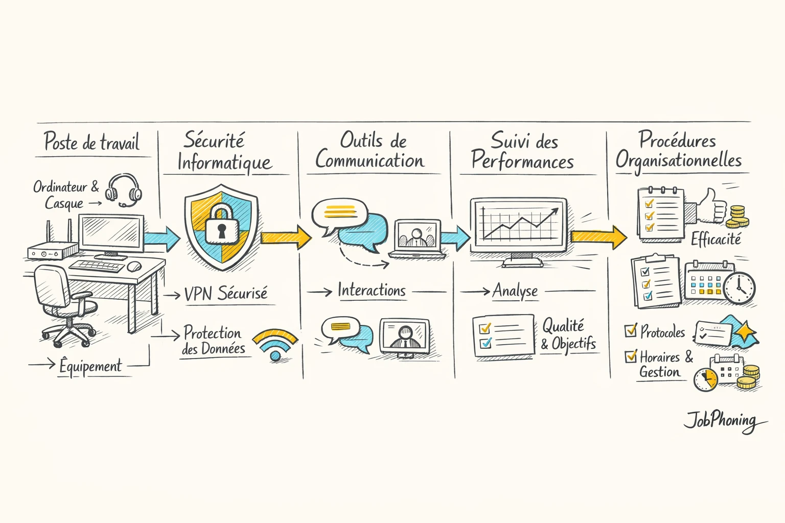 Schéma représentant l’organisation d’un poste de téléopérateur en homeshoring via icônes de bureau, casque, connexion,