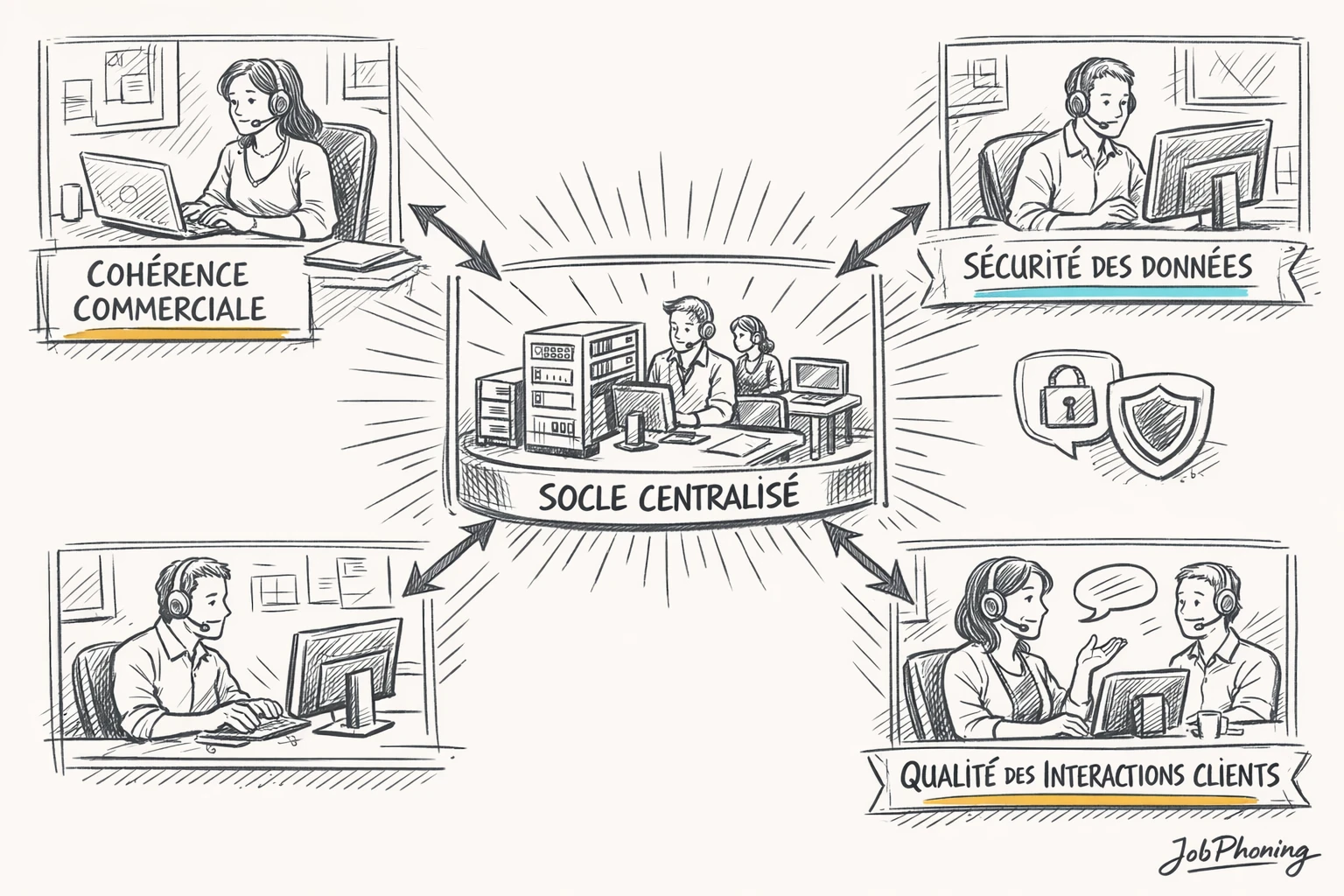 Schéma représentant l’intégration des postes homeshoring au système commercial via hub central, écrans et icônes