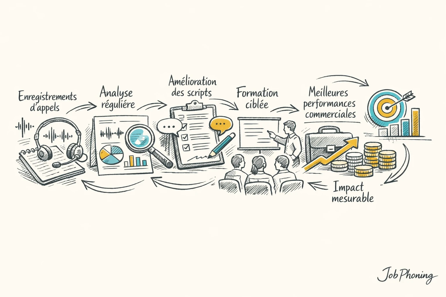 Schéma représentant l’optimisation d’enregistrements d’appels via blocs séquentiels reliés et flèches minimalistes colorées.