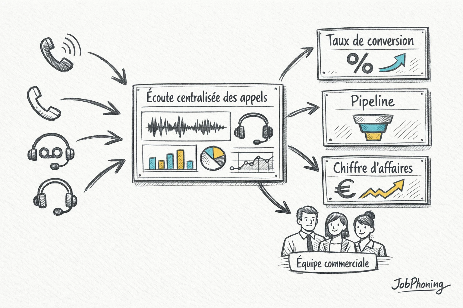Infographie représentant l’analyse structurée des appels via un hub central connecté à divers blocs et