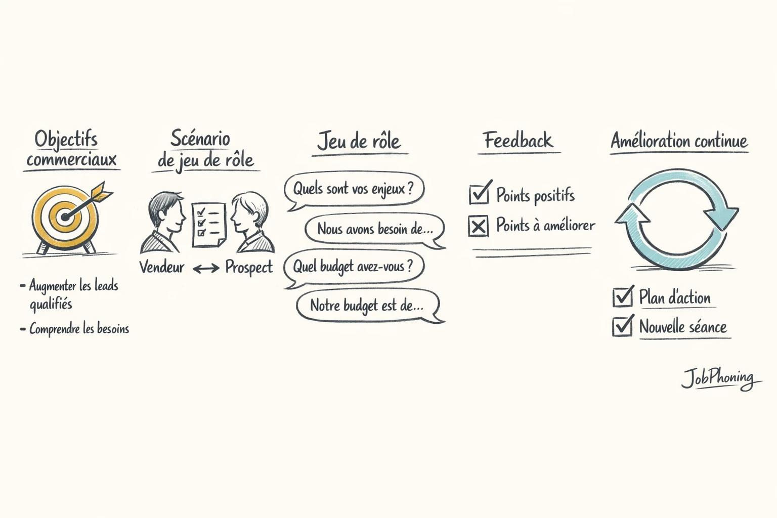 Schéma représentant une séance de jeux de rôle structurée via enchaînement de blocs et flèches.