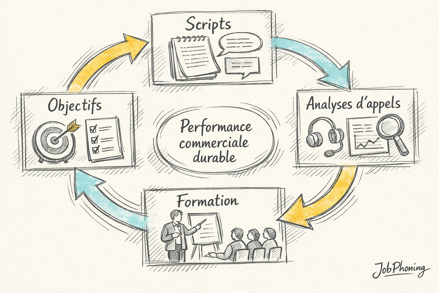 Schéma représentant la formation aux scripts intégrée au pilotage commercial via cercle central et modules